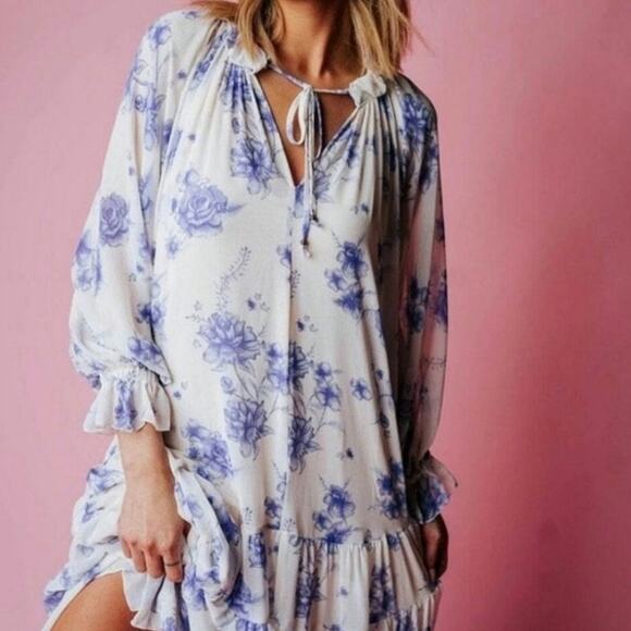 Free People Feeling Groovy Sheer White Blue Floral XS Maxi Dress - Picture 2 of 11